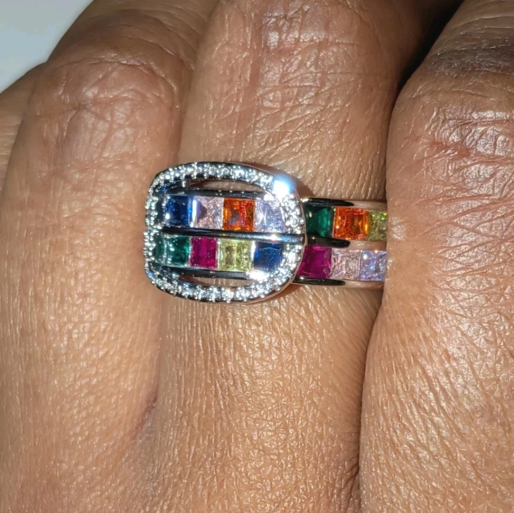 Ladies Multi Color Shimmering Gemstone Belt Buckle Design Bohemian Ring